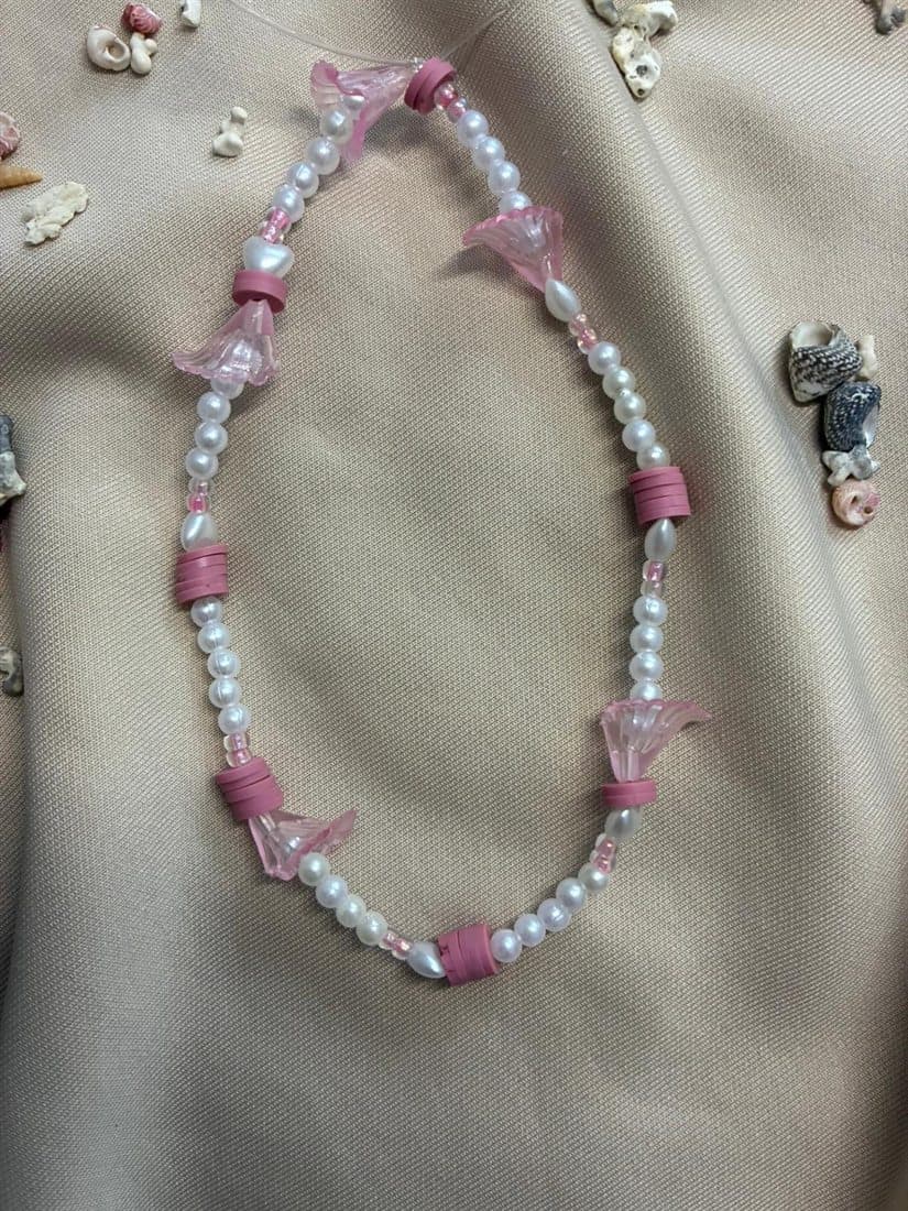 Pembe Fimo Boncuk Detaylı Telefon Süsü
